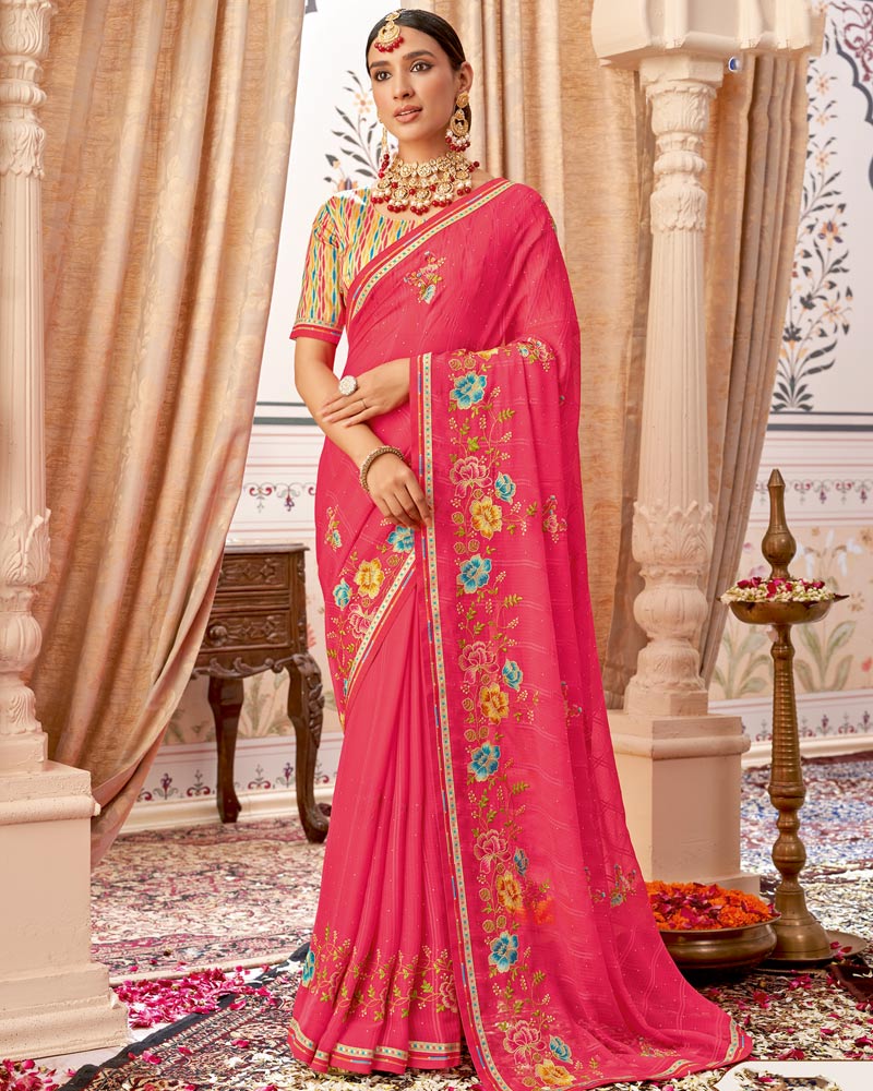 Vishal Prints Red Pink Designer Patterned Chiffon Saree With Embroidery-Diamond Work And Border