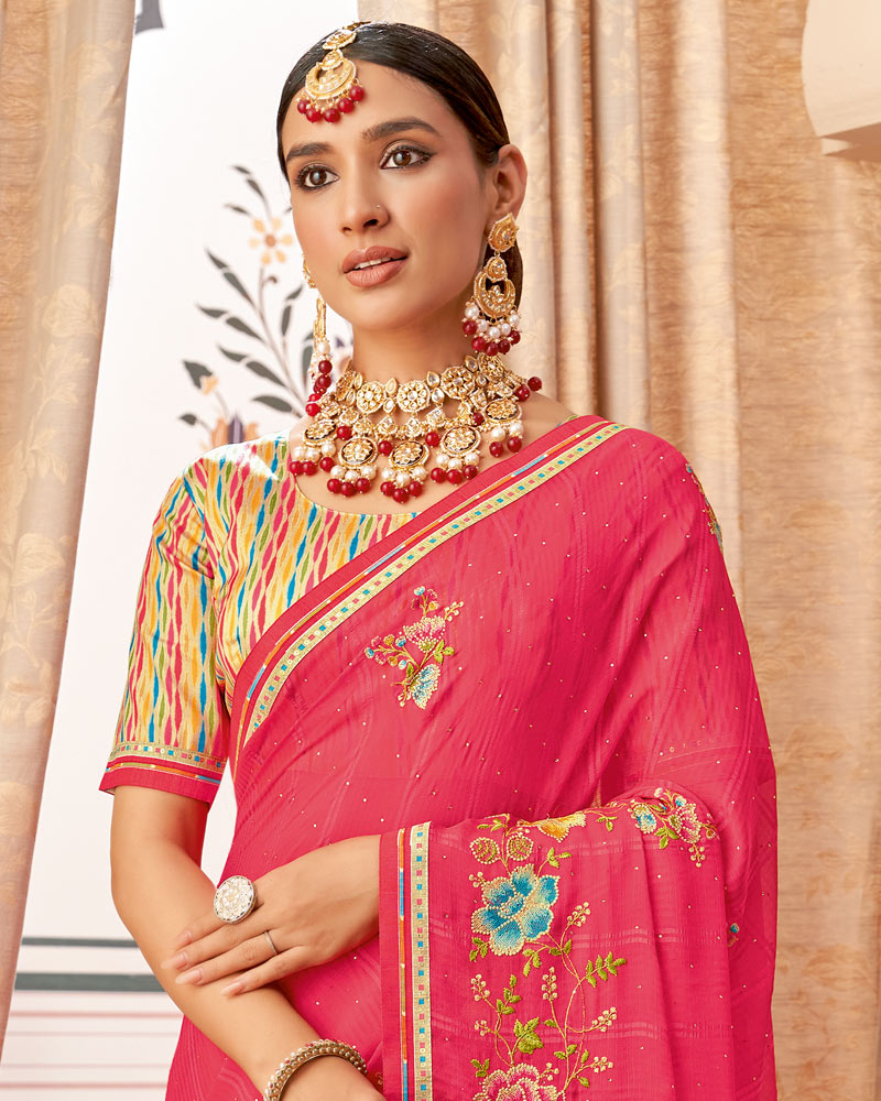 Vishal Prints Red Pink Designer Patterned Chiffon Saree With Embroidery-Diamond Work And Border