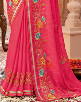 Vishal Prints Red Pink Designer Patterned Chiffon Saree With Embroidery-Diamond Work And Border