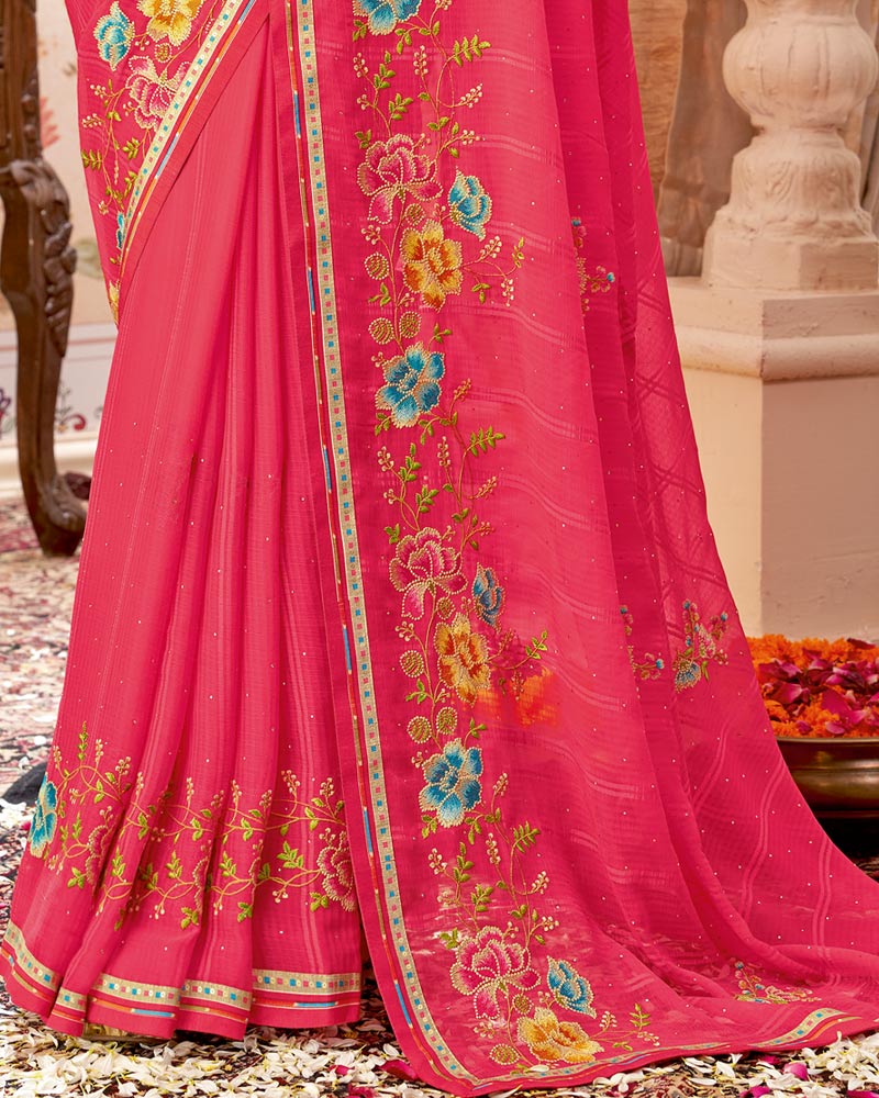 Vishal Prints Red Pink Designer Patterned Chiffon Saree With Embroidery-Diamond Work And Border