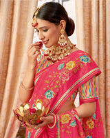 Vishal Prints Red Pink Designer Patterned Chiffon Saree With Embroidery-Diamond Work And Border