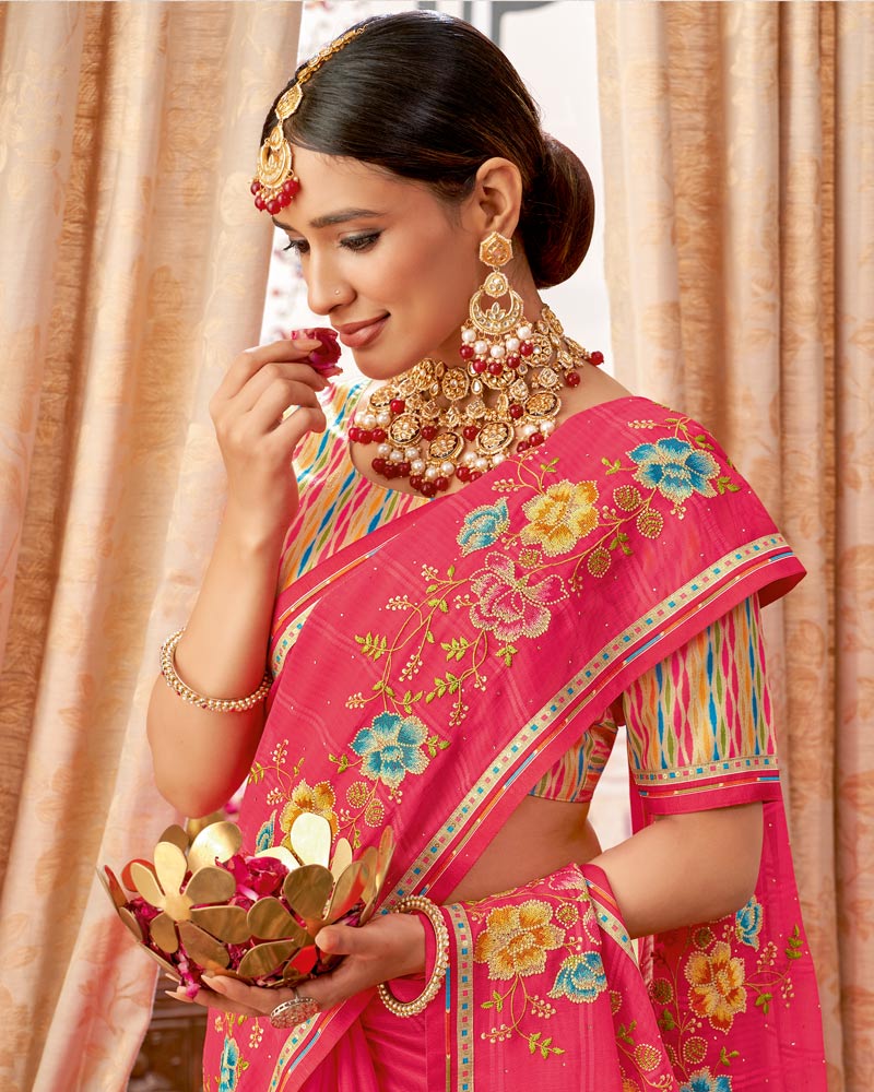 Vishal Prints Red Pink Designer Patterned Chiffon Saree With Embroidery-Diamond Work And Border