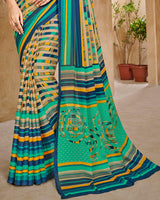 Vishal Prints Multi And Sea Green Digital Print Criva Crepe Saree