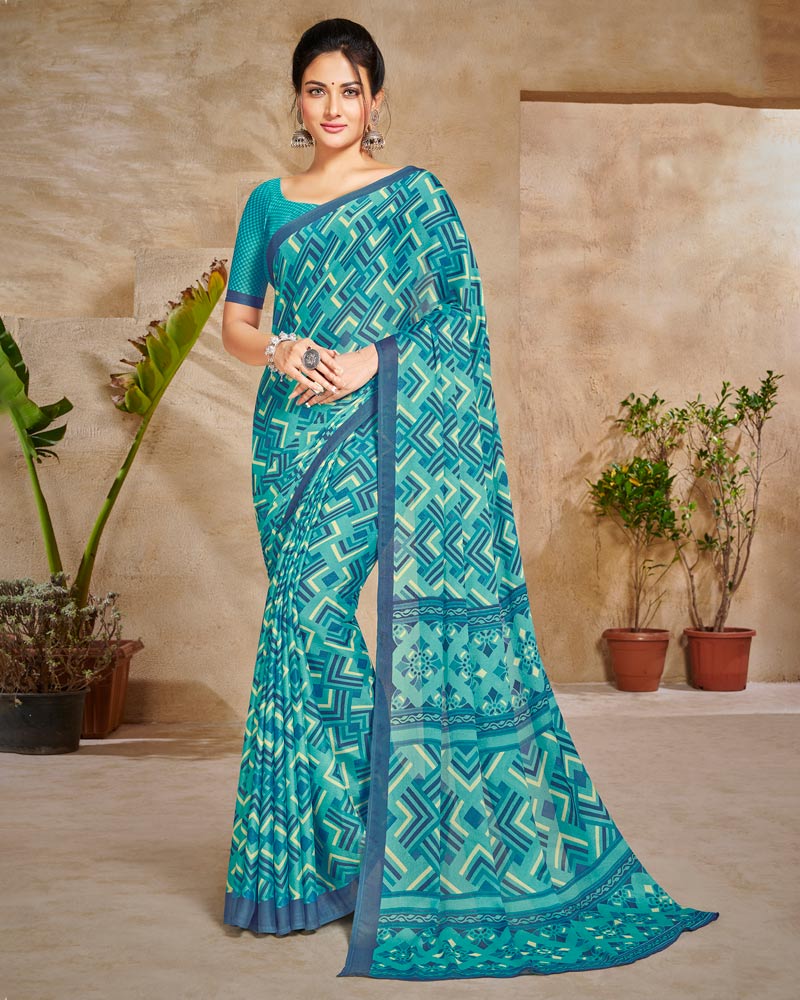 Vishal Prints Grey Blue Digital Print Criva Crepe Saree