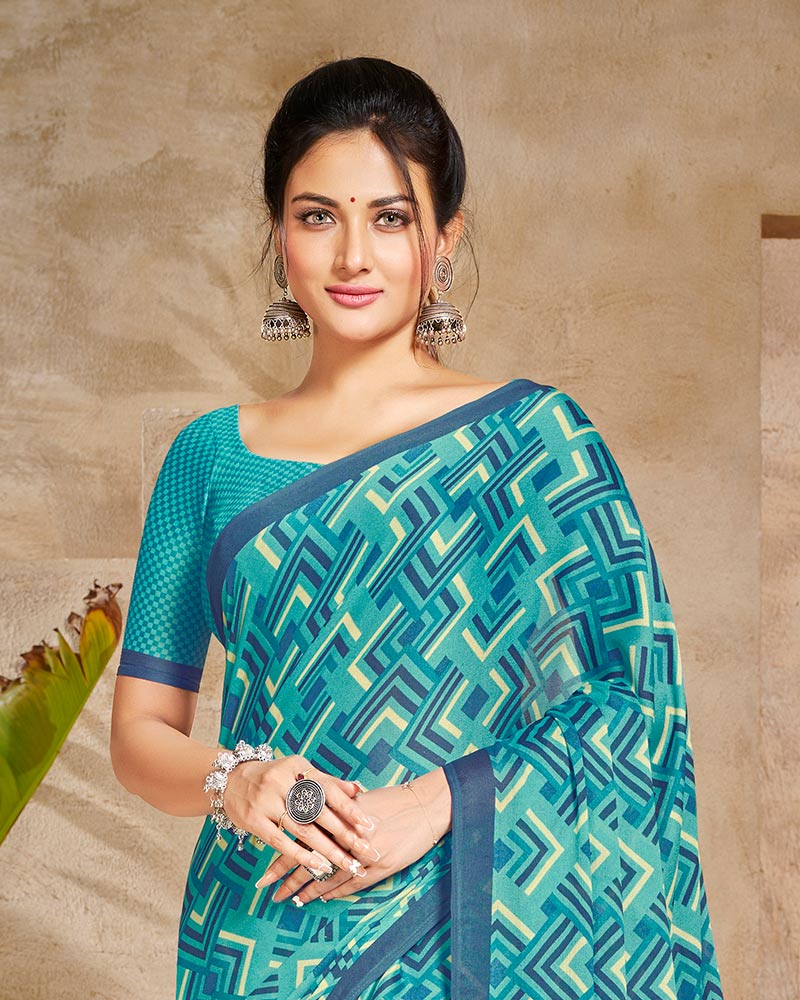 Vishal Prints Grey Blue Digital Print Criva Crepe Saree