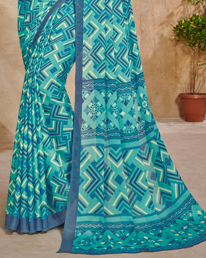 Vishal Prints Grey Blue Digital Print Criva Crepe Saree