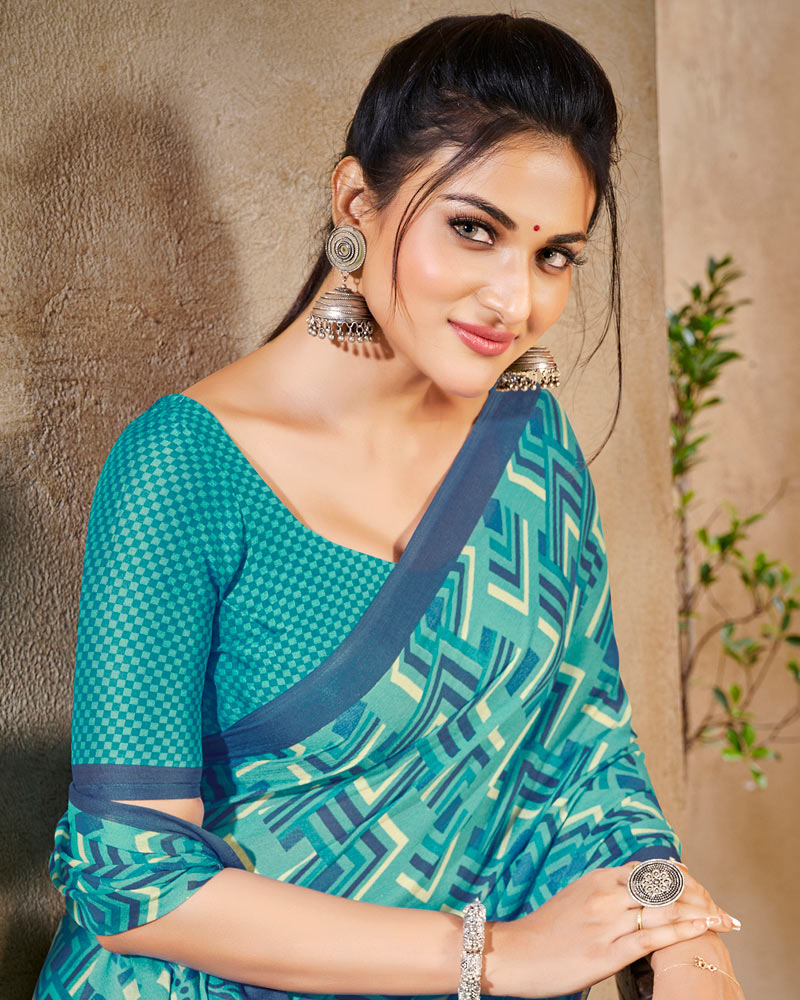 Vishal Prints Grey Blue Digital Print Criva Crepe Saree