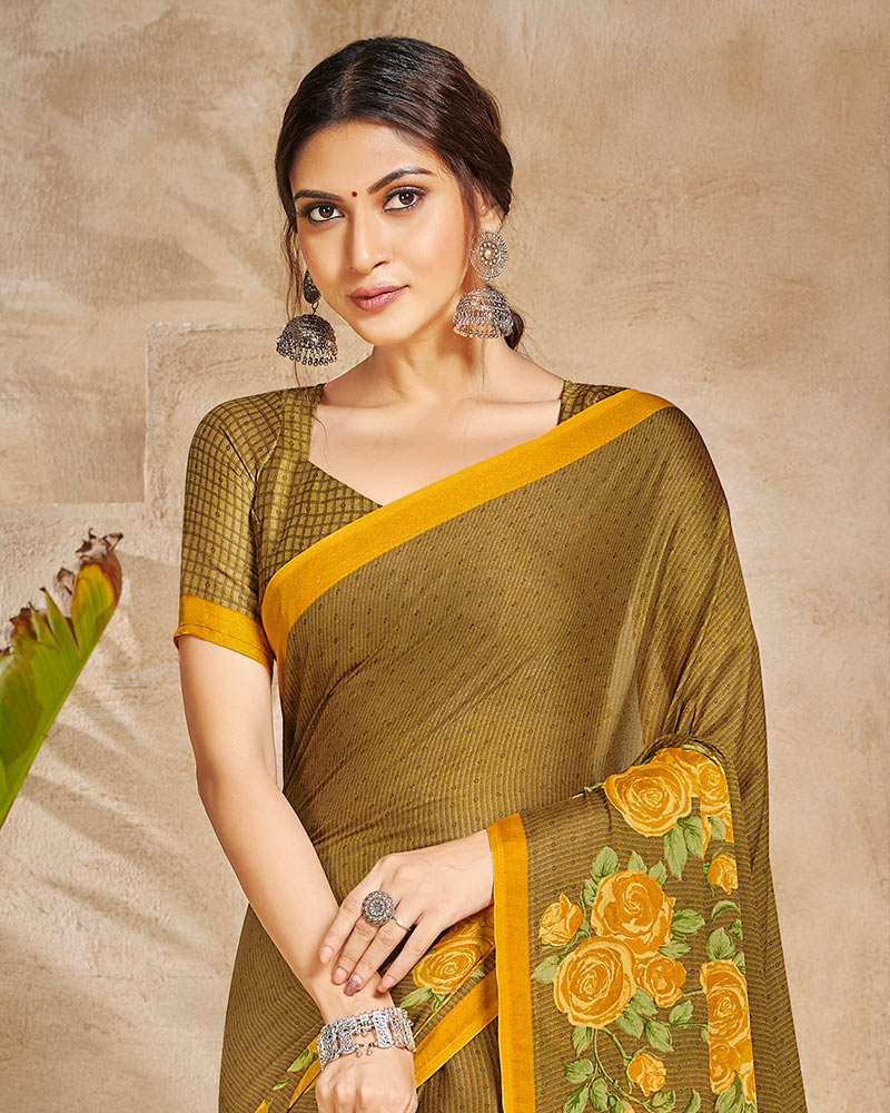 Vishal Prints Dusty Brown Digital Print Criva Crepe Saree
