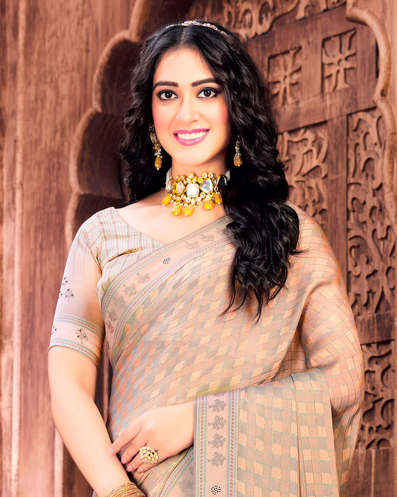 Vishal Prints Peach Patterned Chiffon Saree With Digital Printed Border