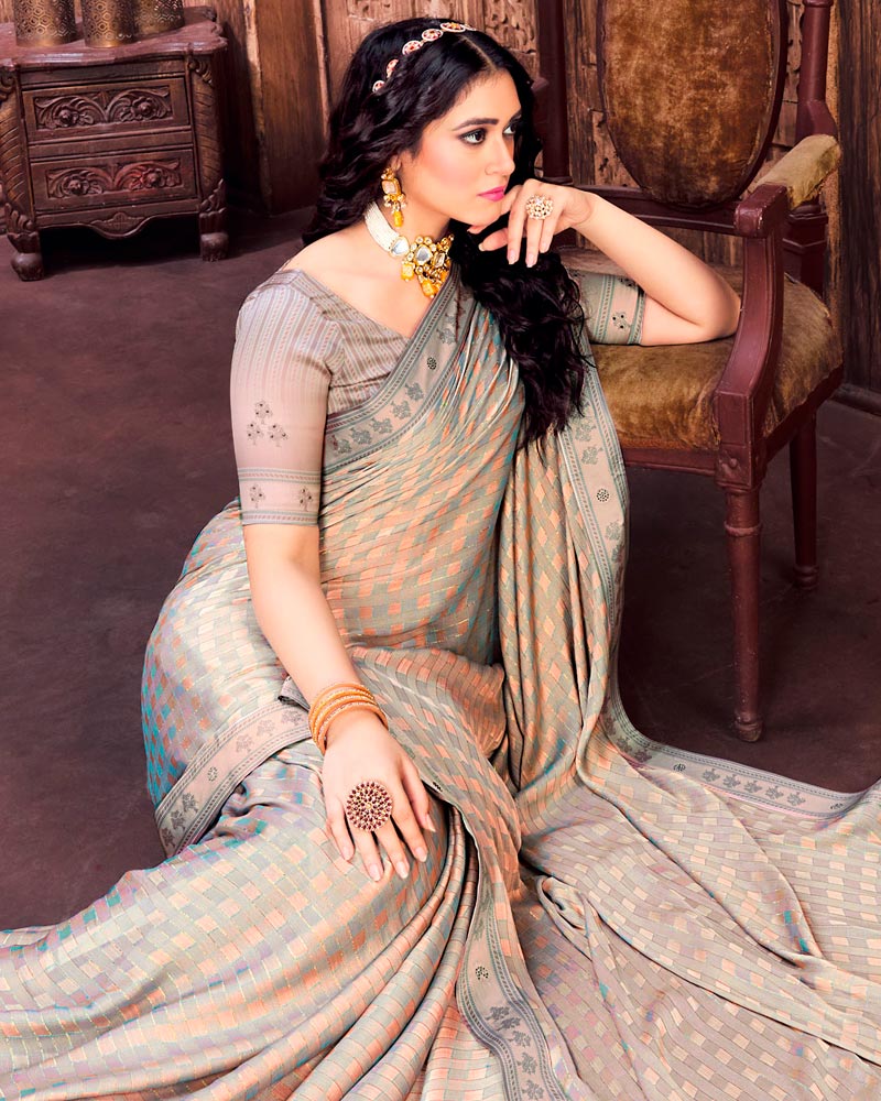 Vishal Prints Peach Patterned Chiffon Saree With Digital Printed Border