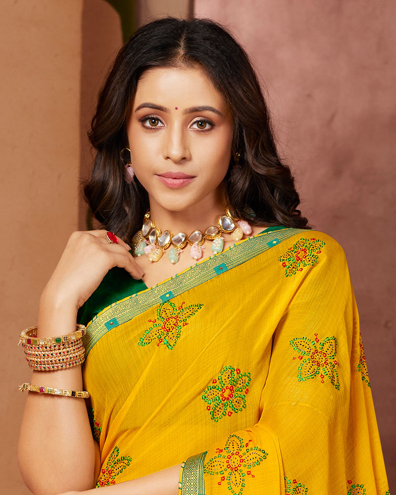 Vishal Prints Golden Yellow Designer Chiffon Saree With Embroidery Work And Fancy Border