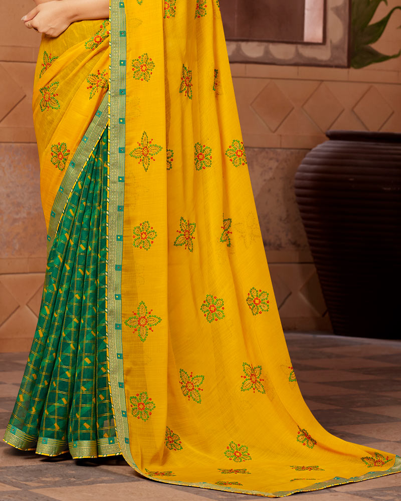 Vishal Prints Golden Yellow Designer Chiffon Saree With Embroidery Work And Fancy Border