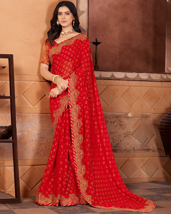 Vishal Prints Red Designer Chiffon Saree With Embroidery Work Foil Print And Fancy Border