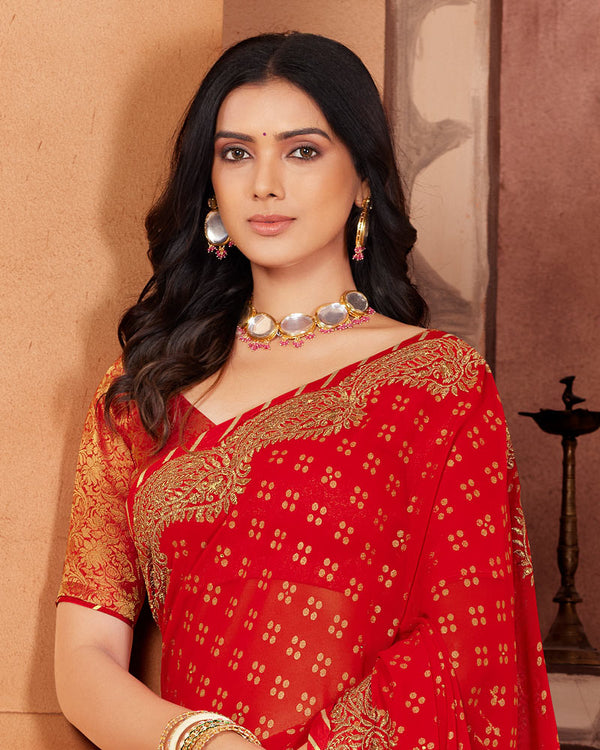 Vishal Prints Red Designer Chiffon Saree With Embroidery Work Foil Print And Fancy Border