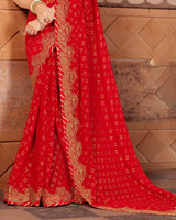 Vishal Prints Red Designer Chiffon Saree With Embroidery Work Foil Print And Fancy Border