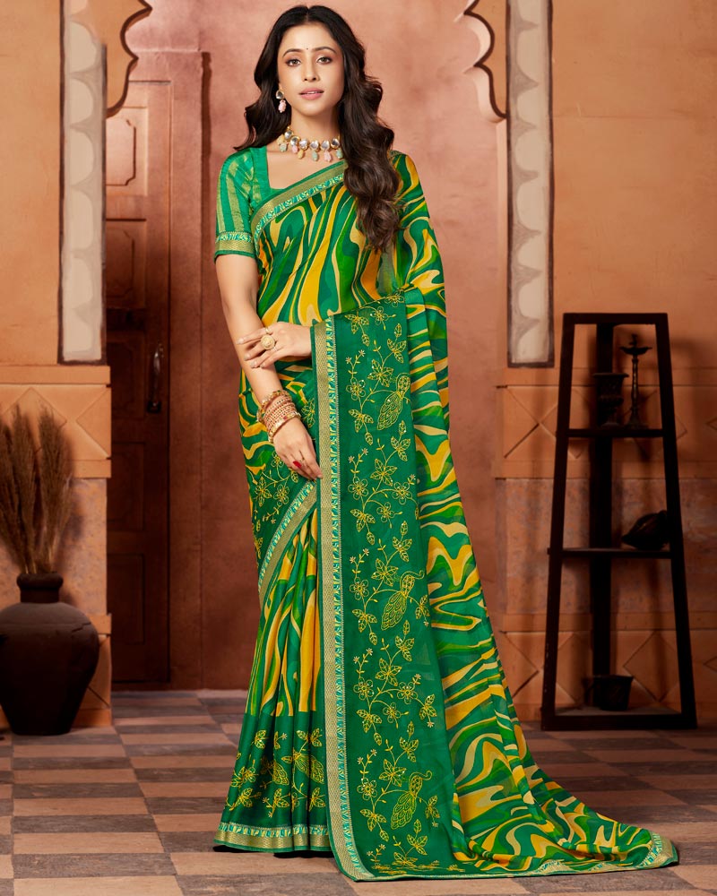 Vishal Prints Dark Green Designer Chiffon Saree With Embroidery Work And Fancy Border
