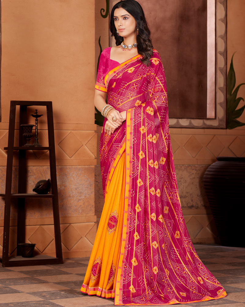 Vishal Prints Dark Pink Designer Chiffon Saree With Embroidery Work And Fancy Border