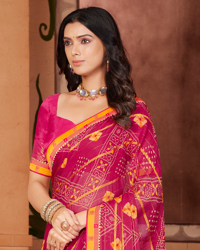 Vishal Prints Dark Pink Designer Chiffon Saree With Embroidery Work And Fancy Border