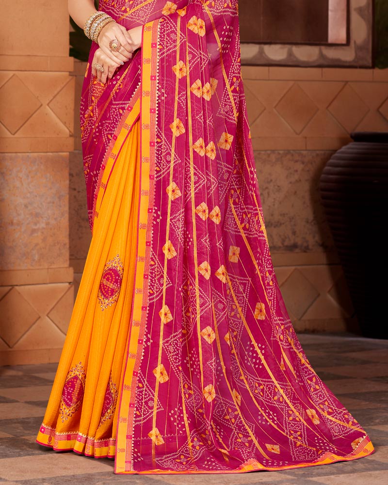 Vishal Prints Dark Pink Designer Chiffon Saree With Embroidery Work And Fancy Border