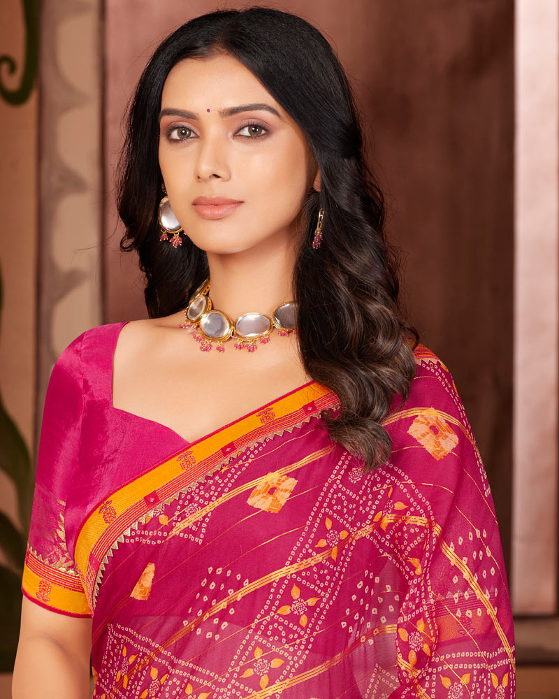 Vishal Prints Dark Pink Designer Chiffon Saree With Embroidery Work And Fancy Border