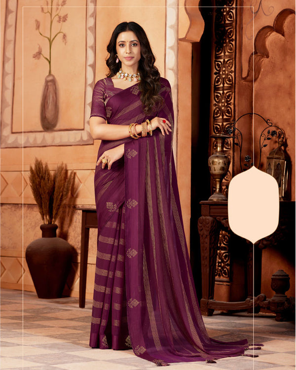 Vishal Prints Wine Designer Chiffon Saree With Diamond Work And Satin Patta With Tassel