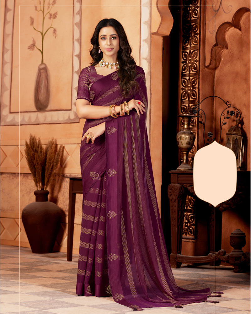 Vishal Prints Wine Designer Chiffon Saree With Diamond Work And Satin Patta With Tassel