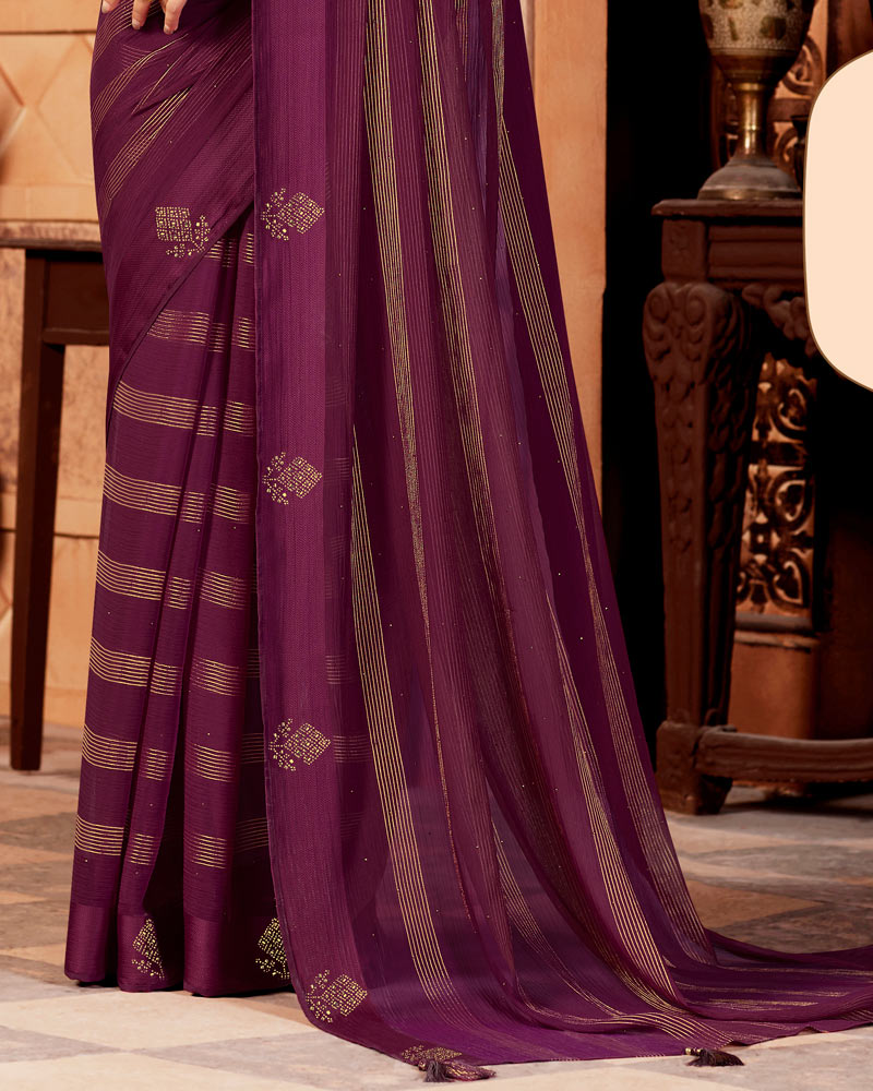 Vishal Prints Wine Designer Chiffon Saree With Diamond Work And Satin Patta With Tassel