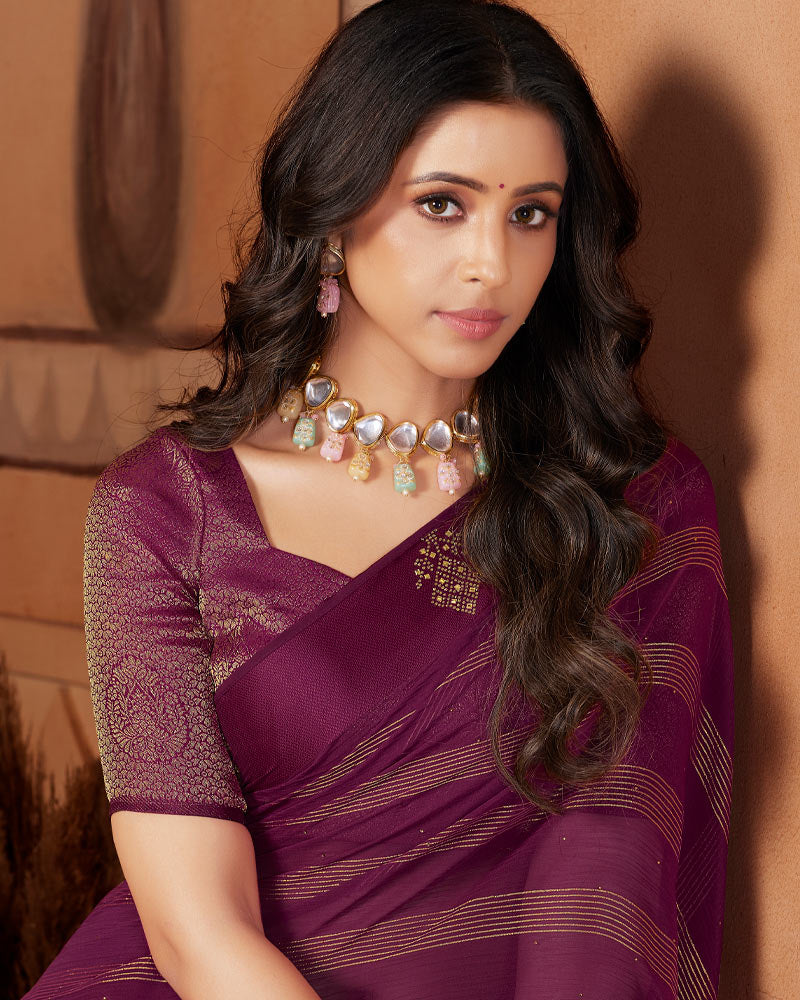 Vishal Prints Wine Designer Chiffon Saree With Diamond Work And Satin Patta With Tassel