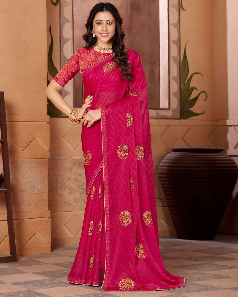 Vishal Prints Red Pink Designer Chiffon Saree With Embroidery Work And Fancy Border