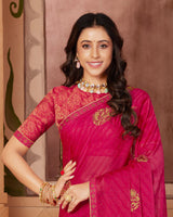 Vishal Prints Red Pink Designer Chiffon Saree With Embroidery Work And Fancy Border