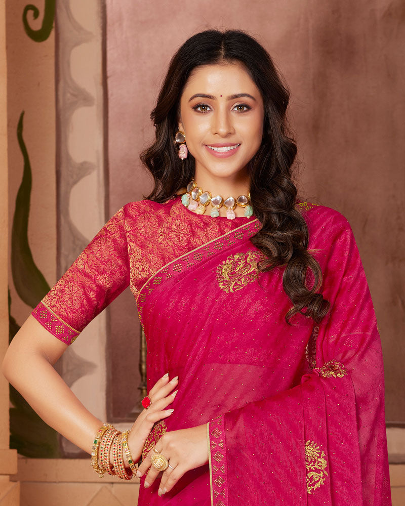 Vishal Prints Red Pink Designer Chiffon Saree With Embroidery Work And Fancy Border