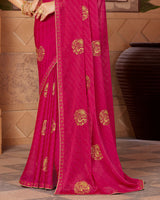 Vishal Prints Red Pink Designer Chiffon Saree With Embroidery Work And Fancy Border