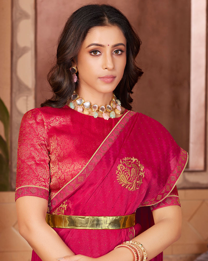 Vishal Prints Red Pink Designer Chiffon Saree With Embroidery Work And Fancy Border