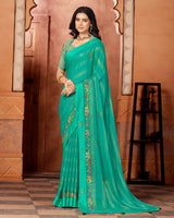 Vishal Prints Aqua Green Designer Chiffon Saree With Embroidery Diamond Work And Tassel