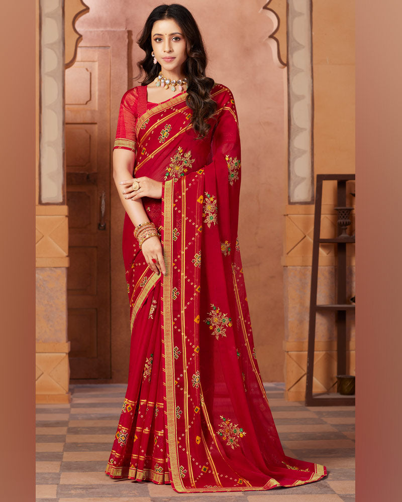 Vishal Prints Dark Red Designer Chiffon Saree With Embroidery Work And Fancy Border