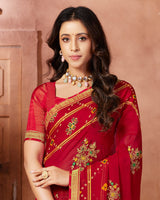 Vishal Prints Dark Red Designer Chiffon Saree With Embroidery Work And Fancy Border