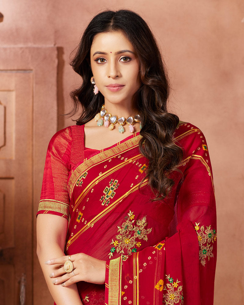 Vishal Prints Dark Red Designer Chiffon Saree With Embroidery Work And Fancy Border