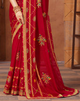 Vishal Prints Dark Red Designer Chiffon Saree With Embroidery Work And Fancy Border
