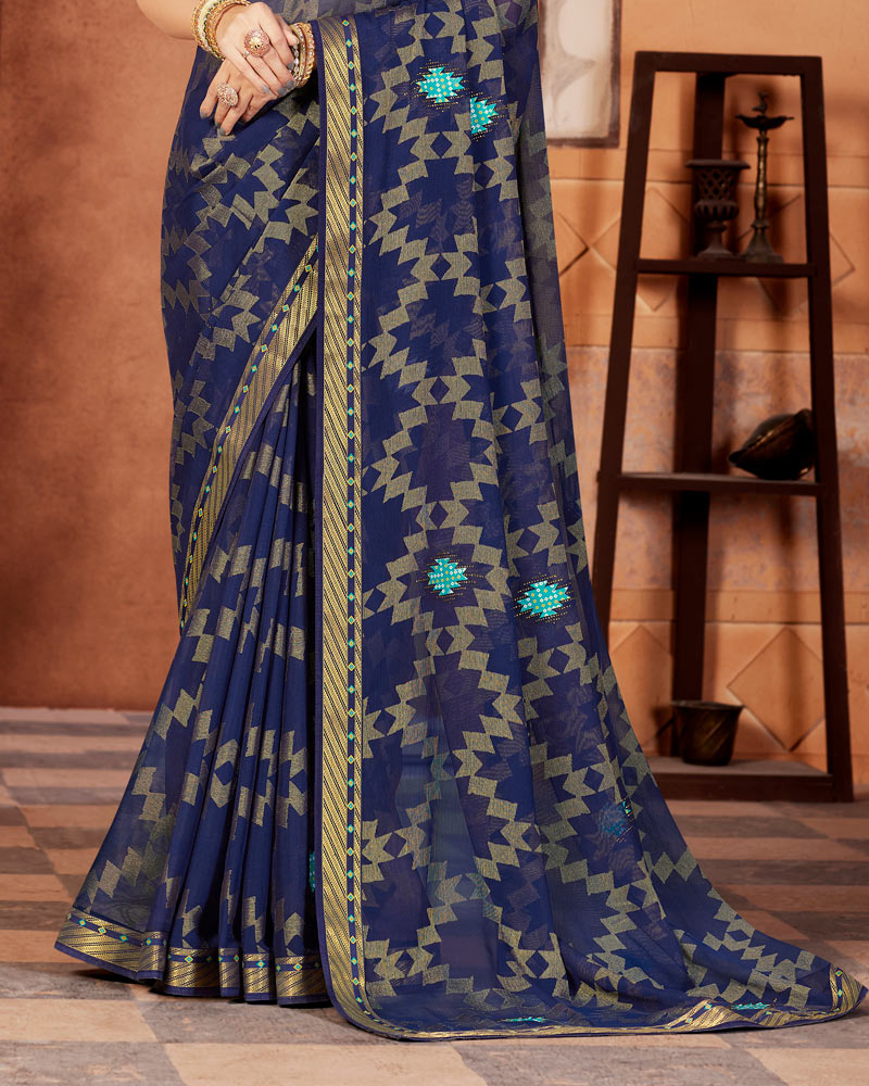 Vishal Prints Navy Blue Designer Brasso Saree With Patch Work And Fancy Border