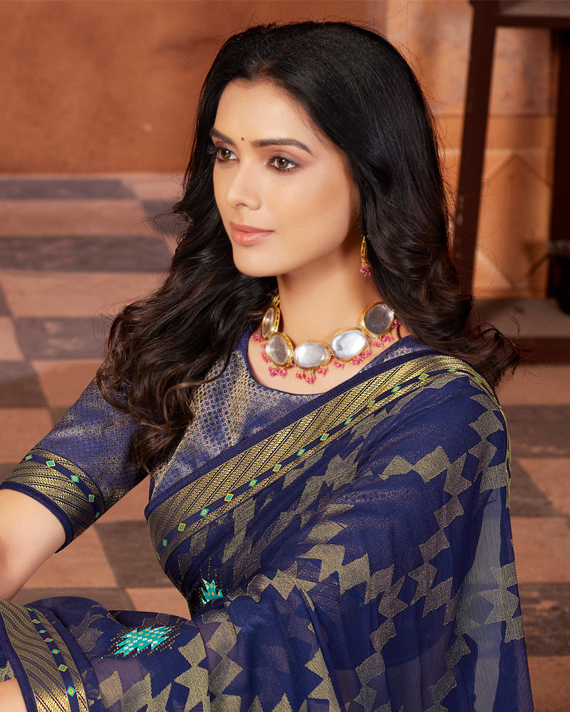 Vishal Prints Navy Blue Designer Brasso Saree With Patch Work And Fancy Border