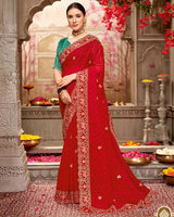 Vishal Prints Milano Red Designer Tissue Organza Saree With Embroidery-Diamond Work And Cut Work Border