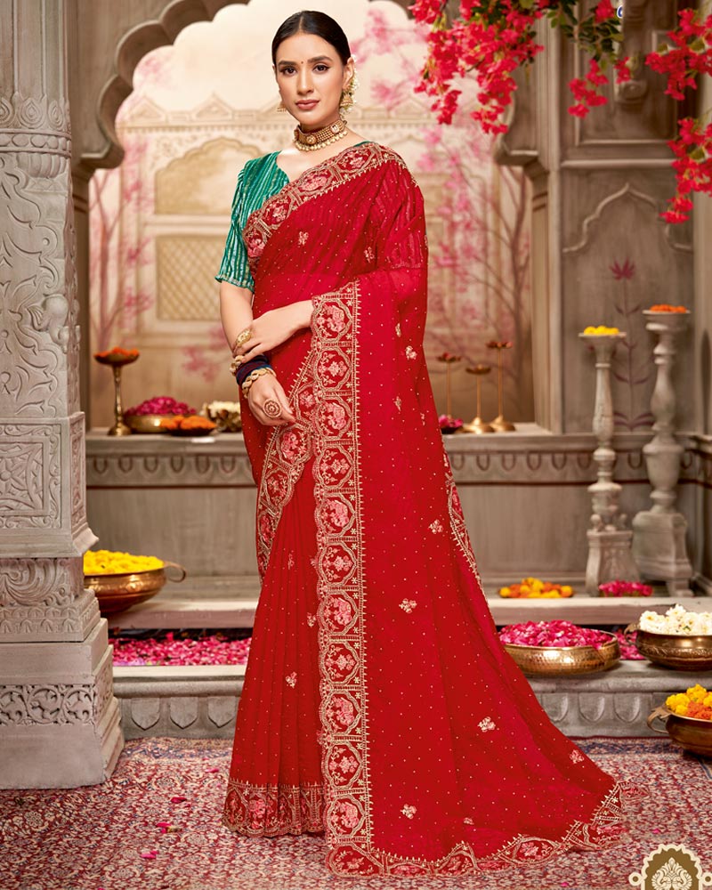 Vishal Prints Milano Red Designer Tissue Organza Saree With Embroidery-Diamond Work And Cut Work Border