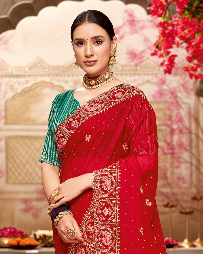 Vishal Prints Milano Red Designer Tissue Organza Saree With Embroidery-Diamond Work And Cut Work Border