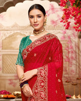 Vishal Prints Milano Red Designer Tissue Organza Saree With Embroidery-Diamond Work And Cut Work Border