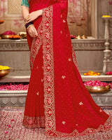 Vishal Prints Milano Red Designer Tissue Organza Saree With Embroidery-Diamond Work And Cut Work Border