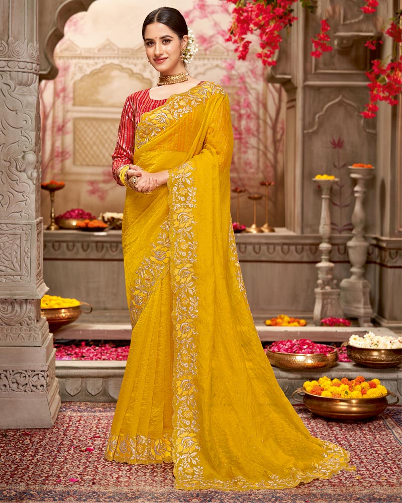 Vishal Prints Dark Yellow Designer Tissue Organza Saree With Embroidery-Diamond Work And Cut Work Border