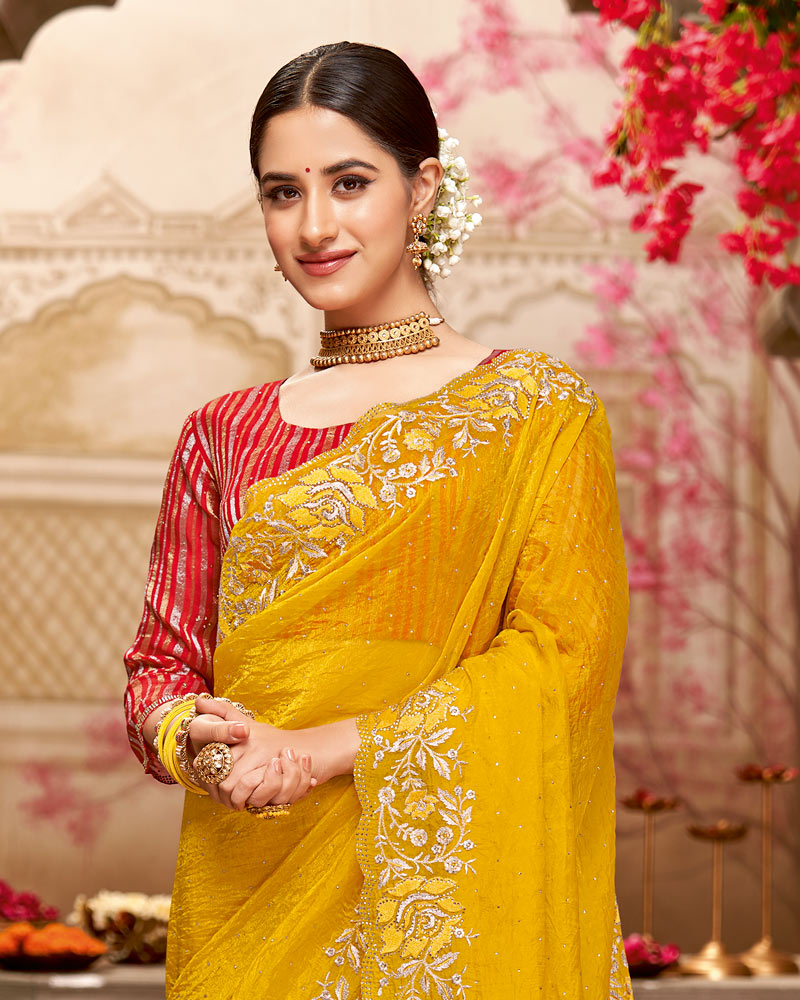 Vishal Prints Dark Yellow Designer Tissue Organza Saree With Embroidery-Diamond Work And Cut Work Border