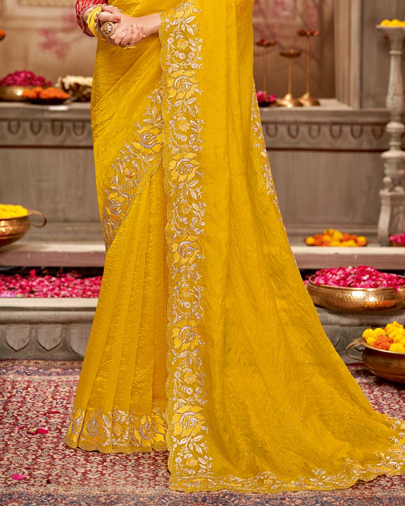 Vishal Prints Dark Yellow Designer Tissue Organza Saree With Embroidery-Diamond Work And Cut Work Border