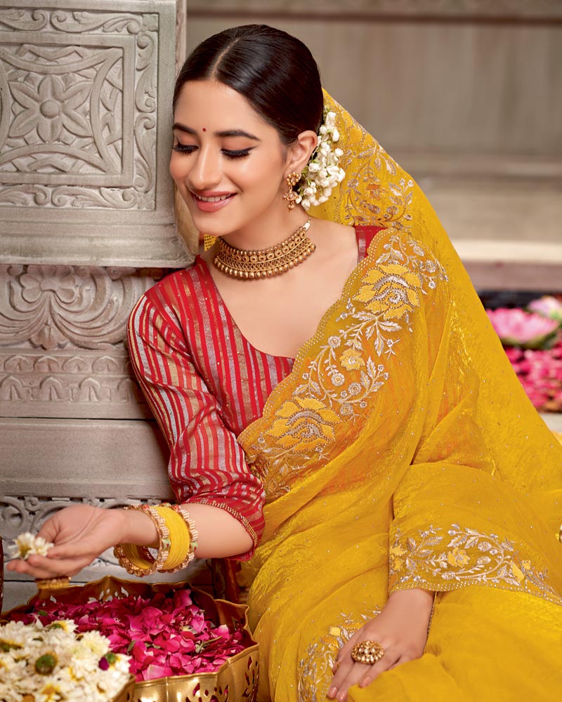 Vishal Prints Dark Yellow Designer Tissue Organza Saree With Embroidery-Diamond Work And Cut Work Border