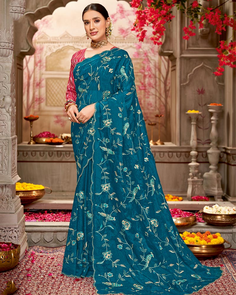 Vishal Prints Peacock Blue Designer Tissue Organza Saree With Embroidery-Diamond Work And Cut Work Border